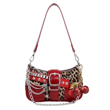 Imagem de QWINEE Bolsa de ombro feminina cravejada Y2k Bolsa clutch de couro vintage fivela bolsa axila, Marrom e vermelho, One Size