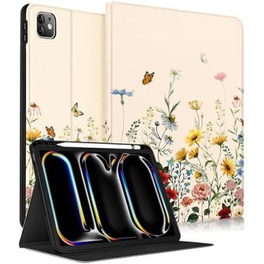 Imagem de Wazzasoft for iPad Pro 11 Inch Case M5 2025/M4 2024 - Women Girls Cute Smart Folio Cover (Auto Wake/Sleep) with Build-in Pencil Holder for Apple Tablet Soft TPU Protective Cover,Vintage Flowers