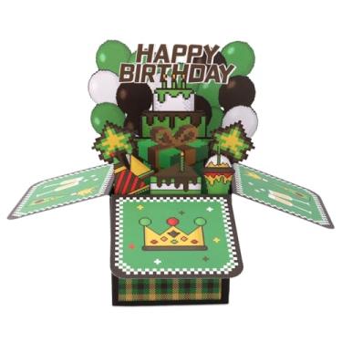 Imagem de Cartão Aniversário 3D Pop Up Pixelado, Grande Caixa Pop-Up Happy Birthday Tema Jogo Aventura Verde Cartão Universal com Envelope Presentes Criativos Decorações Festa para Meninos Meninas