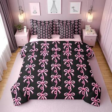 Imagem de Erosebridal Conjunto de edredom Queen com laço rosa e preto | Jogo de cama fofo de gravata borboleta coquete 7 peças para meninas e crianças, cama listrada de fita rosa em uma bolsa, lençol de cima