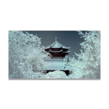 Imagem de LKXGRRSFG Edifícios nas montanhas profundas, foto real, cidade, mar, neve, vale, pastagem, rio, pôr do sol, nascer do sol, impressão em tela, decoração de parede 20 x 36 cm, sem moldura