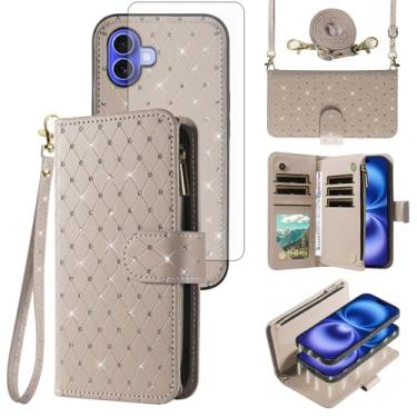 Imagem de Asuwish Capa carteira compatível com iPhone 16 de 6,1 polegadas com zíper e protetor de tela de vidro temperado, alça transversal, flip com glitter, porta-cartões, capa para celular i Phone16 i16 16