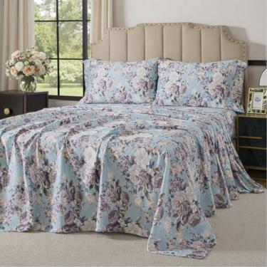 Imagem de FADFAY Jogo de lençol Queen, floral, 100% algodão, 4 peças, com bolso profundo, botânico vintage azul empoeirado, macio e respirável para todas as estações