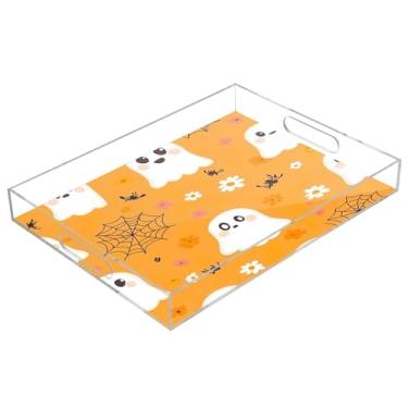 Imagem de xigua Bandeja de servir de acrílico fantasma de Halloween com alças à prova de derramamento, bandejas decorativas de festa de Halloween, bandeja organizadora de bancada para banheiro, cozinha, 30,5 x