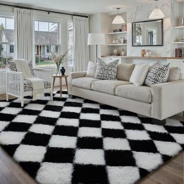 Imagem de HUGEAR Tapete quadriculado 12 x 20 cm preto branco moderno tapete felpudo macio lavável tapete interno felpudo aspirável para quarto decoração de casa antiderrapante