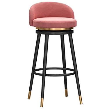 Imagem de AkosOL Banco de bar giratório cadeira de metal, mesa de jantar em casa, cozinha, balcão de recepção, banco de bar com encosto, assento de veludo e apoio para os pés redondo, 75 cm, rosa