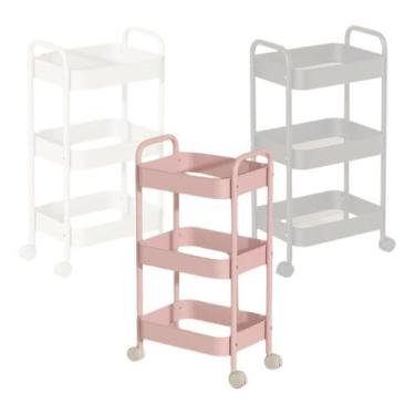 Imagem de Carrinho Organizador De Aço 3 Prateleiras Premium – Rodízio 360º, Ideal para Cozinha, Sala, Banheiro, Livros e Decoração Moderna(Rosa)