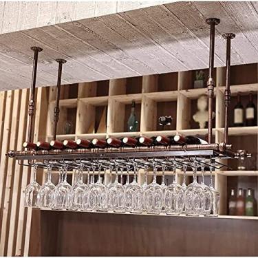Imagem de Rack de vinho de ferro forjado de metal, altura ajustável, suporte de copo de vinho pendurado, suporte de vinho de cozinha de bar, prateleira de armazenamento de teto (tamanho: 120 cm) (uma cor 120 cm