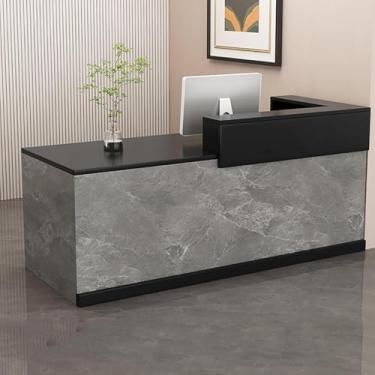 Imagem de Mesa de recepção moderna com gaveta com trava, balcão frontal e balcão de caixa com armários - ideal para sala de recepção de escritório, lobby ou salão de beleza (preto + cinza)
