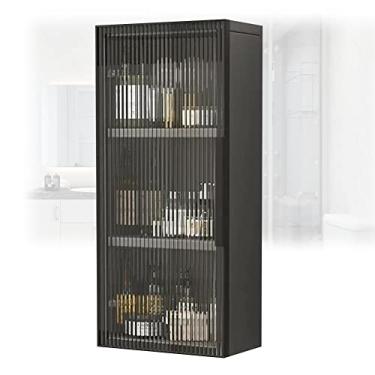 Imagem de Armário de remédios de madeira montado na parede com portas de vidro - Organizador de armazenamento elegante para sala de estar, lavanderia e banheiro essenciais