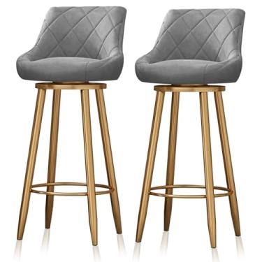 Imagem de Conjunto de 2 bancos de bar estofados giratórios modernos, bancos de bar dourados com encosto, cadeiras ilha com apoio para os pés dourado cadeiras de barra de veludo, cinza, 75 cm