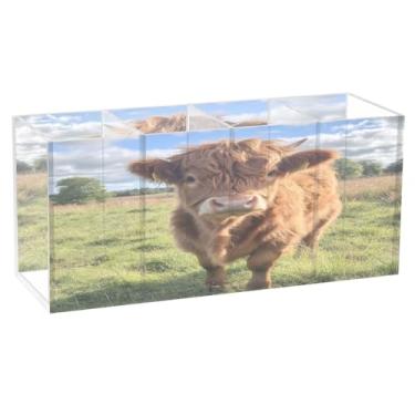 Imagem de Burbuja Porta-canetas de acrílico Cow in Highland, 4 compartimentos, suporte de lápis transparente para pincéis de maquiagem, acessórios de mesa de escritório em casa
