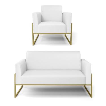 Imagem de Sofá Namoradeira Com Poltrona Base Industrial Alta Dourado Marisa Corino D03 - D\'rossi Cor Branco