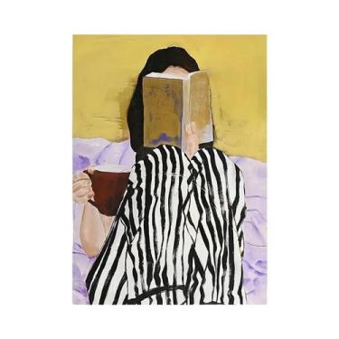 Imagem de Pôster De Arte Em Tela Com Mulher Abstrata De Listras Verdes Lendo Um 