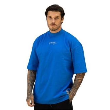 Imagem de Camiseta Oversized Gola Alta Aplique Assinatura Streetwear Confortavel Masculina Azul-Masculino