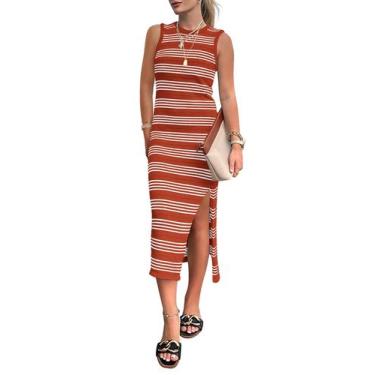 Imagem de Vestido PRETTYGARDEN Midi Listrado Sem Mangas Vermelho Ferrugem XXL