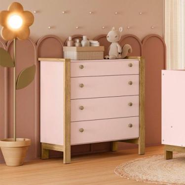 Imagem de Cômoda de Bebê Flora 4 Gavetas Rosa Acetinado - Qmovi, Rosa