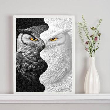 Imagem de Quadro Decorativo Coruja Branco Preto Metades 45X34Cm Vidro