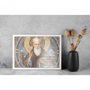 Imagem de Quadro Religioso Oração de São Bento em Canvas 30 X 40 Branco Preto Marrom Center Molduras