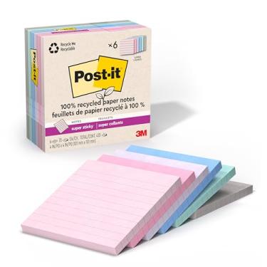 Imagem de Post-it 100% papel reciclado notas super adesivas, forrado, 10 x 10 cm, 6 blocos, 70 folhas por bloco, pastéis Wanderlust, material escolar e produtos de escritório