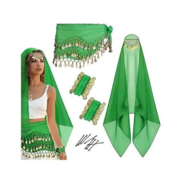 Imagem de Conjunto Véu Lenço de Cintura e Pulseiras Dança do Ventre Cor:Verde - 
