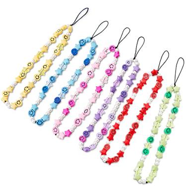 Imagem de 6 peças de alça de pulso para celular, com contas de carinha sorridente para telefone, amuletos arco-íris argila, estrela, letra, pérola, corrente de telefone celular para mulheres,