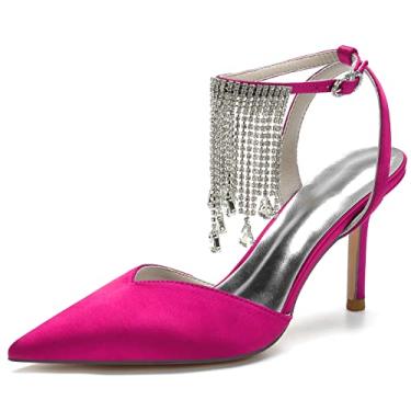 Imagem de Sandálias femininas de strass para casamento Slingback bico fino pingente cetim sapatos de noiva, rosa, 9.5