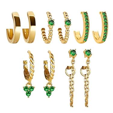 Imagem de Conjunto de 5 pares de brincos de argola banhados a ouro 14K para mulheres, pequenos brincos de argola com corrente pendurada, Latão, Zircônica sintética