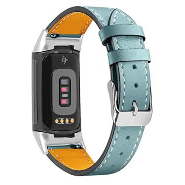Imagem de Mtozon Pulseiras de Couro Compatíveis com Fitbit Charge 5, Pulseira de Couro Legítimo para Mulheres, Azul, Ajustável (14 a 20 cm)