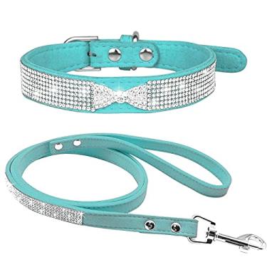 Imagem de Pimaodog Lindo deslumbrante cintilante elegante elegante camurça macia couro brilhante strass cristal jóias gato cão cão coleira conjunto combo trela (PP) (pescoço 8-10), azul-claro)