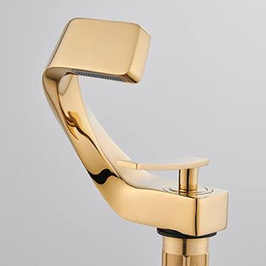Imagem de Torneira de água quente e fria com alça única Torneira de água em cascata Torneira de pia de banheiro Torneira de lavatório, ouro