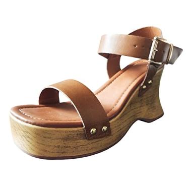 Imagem de Sandálias femininas de verão com fivela de alça sólida casual aberta bico aberto anabela confortável sapatos de praia femininos ultra confortáveis 3 sandálias tanga (marrom, 8)