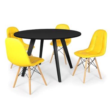 Imagem de Conjunto Mesa de Jantar Redonda Amanda Preta 120cm com 4 Cadeiras Eiffel Botonê - Amarelo