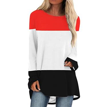Imagem de Camiseta longa grande para mulheres com estampa colorida em bloco, gola redonda, túnica para usar com leggings Ajuste solto Folgado cor feminino com Patchwork colorido F87-Vermelho Large