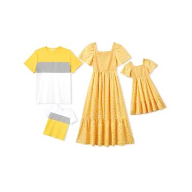 Imagem de PATPAT Conjuntos de camisetas de algodão combinando para a família de manga curta e vestidos com cinto de bolinhas suíças, Amarelo ensolarado, 8-9 Anos