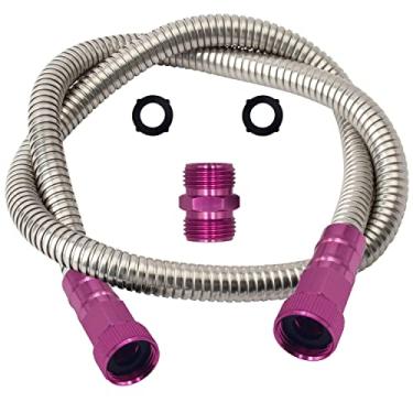 Imagem de YANWOO Mangueira de jardim fêmea para fêmea de aço inoxidável 304 com conector rosa macho para macho para carrinho de carretel de mangueira de jardim (1,2 m)