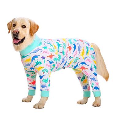 Imagem de Miaododo Traje de recuperação de algodão leve de dinossauro branco, macacão para cães médio/grande para evitar lamber ferimentos cirúrgicos, pijama de cachorro, unissex, barriga cheia