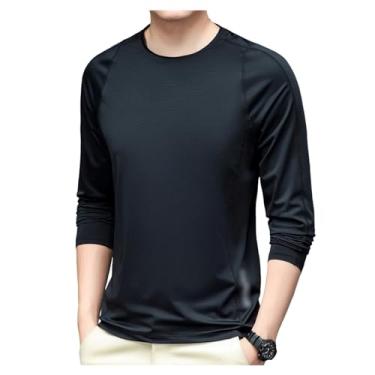 Imagem de Camisa esportiva masculina manga longa cor sólida camiseta atlética respirável bainha reta, Preto, M