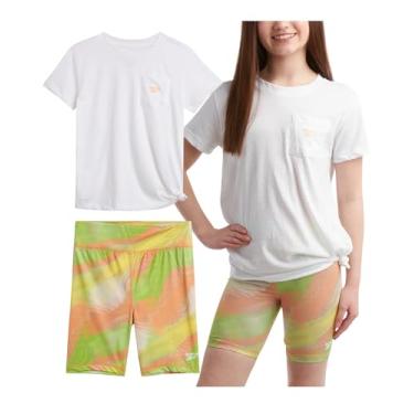 Imagem de Reebok Conjunto de shorts ativos para meninas - 2 peças de camiseta de desempenho dry fit e shorts de bicicleta - Roupas esportivas de verão para meninas (7-12), Branco/pêssego, 12