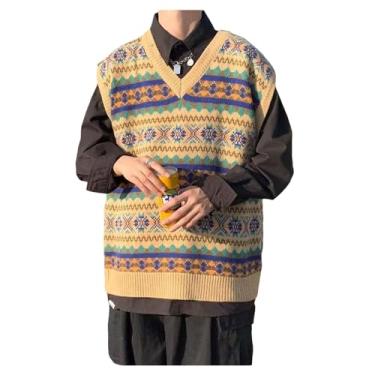 Imagem de Suéter masculino retrô de tricô com gola V e borda canelada colete estampado sem mangas, Cáqui, G
