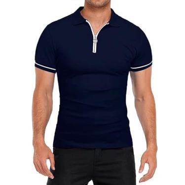 Imagem de Nova camiseta polo masculina de verão fina manga curta gola polo cor sólida slim fit camiseta top, Azul marinho, M