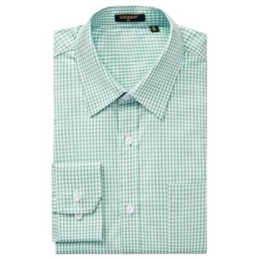 Imagem de HISDERN Camisa social masculina casual xadrez abotoada manga longa formal negócios camisa guingham para homens, Xadrez verde, 3G