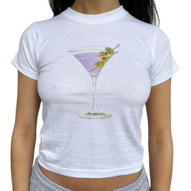 Imagem de Camiseta feminina Y2k de manga curta com estampa de bolo de cereja de frutas e gola redonda para o verão cropped tops coquete vintage, H - Martini roxo, G