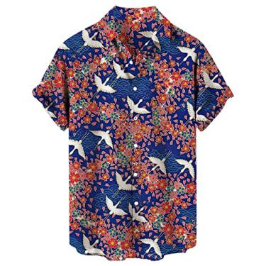 Imagem de Camiseta masculina casual solta com estampa de lapela manga curta abotoada estilo porto floral praia areia masculina manga longa, Vermelho, P
