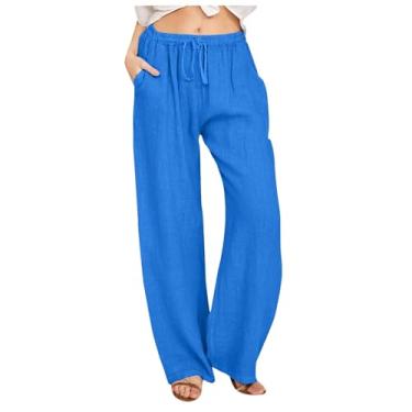 Imagem de Calça feminina de verão 2024 cintura elástica plus size lisa boho linho para mulheres plus size, 086-azul, M