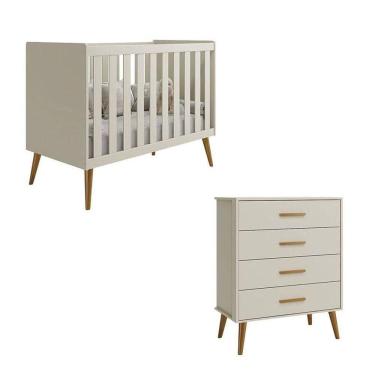 Imagem de Berço Americano E Cômoda Gaveteiro Infantil Isis Areia Acetinado - Reller