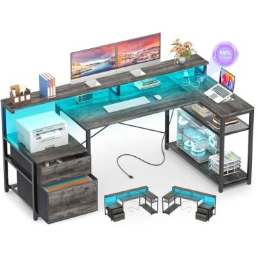 Imagem de Aheaplus Mesa em forma de L com gaveta de arquivo, mesa de computador reversível em forma de L, mesa de jogos com tomada elétrica e faixa de LED, mesa de escritório em casa com prateleira de monitor,