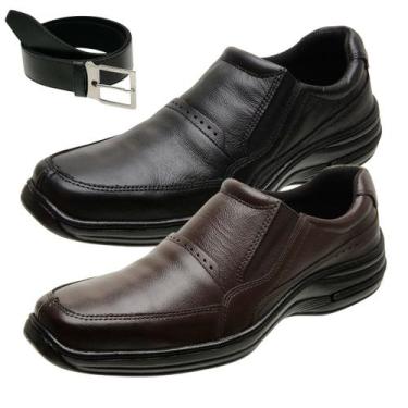 Imagem de Kit 2 Sapato Masculino de Couro Social Solado Costurado + Cinto - Gmm 