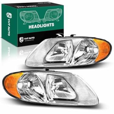 Imagem de YHTAUTO 2 peças de montagem de faróis para Chrysler & Dodge, 2001-2007 Town & Country/Grand Caravan/Caravan, 2001-2003 Voyager Head Lights Lâmpadas Clear Lens Chrome Housing Micro-prisma Refletor
