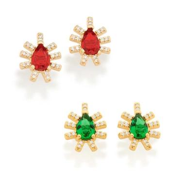 Imagem de Brincos rommanel banhado ouro 18k feminino pequeno pedra cristal zircô